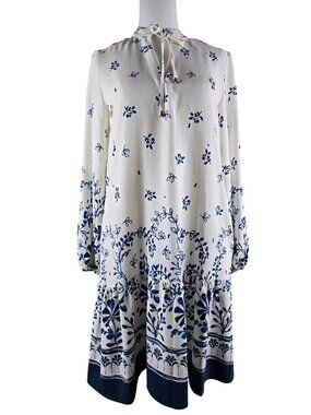 Rachel Zoe S Elegant White and Blue M Dress 10” Ruffle Hem Loose Fit